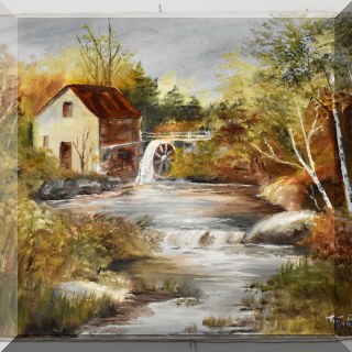 A06. Oil painting on canvas of mill. Signed TT Burke. Frame included. 21”h x 24”w - $85